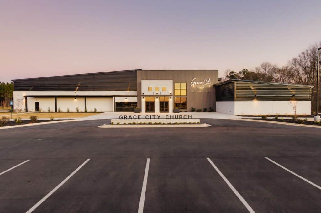 Grace City Church finished exterior at dusk